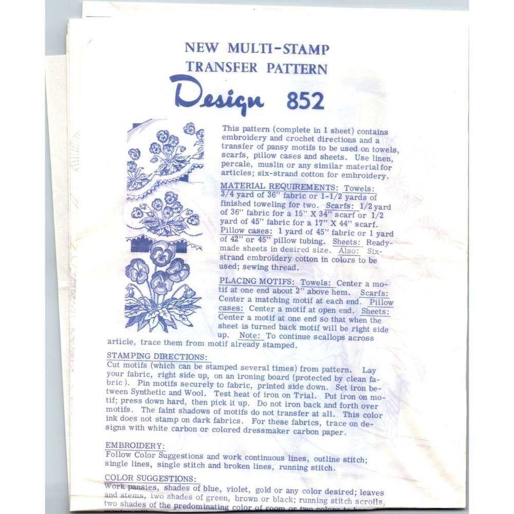 Vintage Pansies Floral Hot Iron Transfers, MCM Mail Order Design 852 Pansy